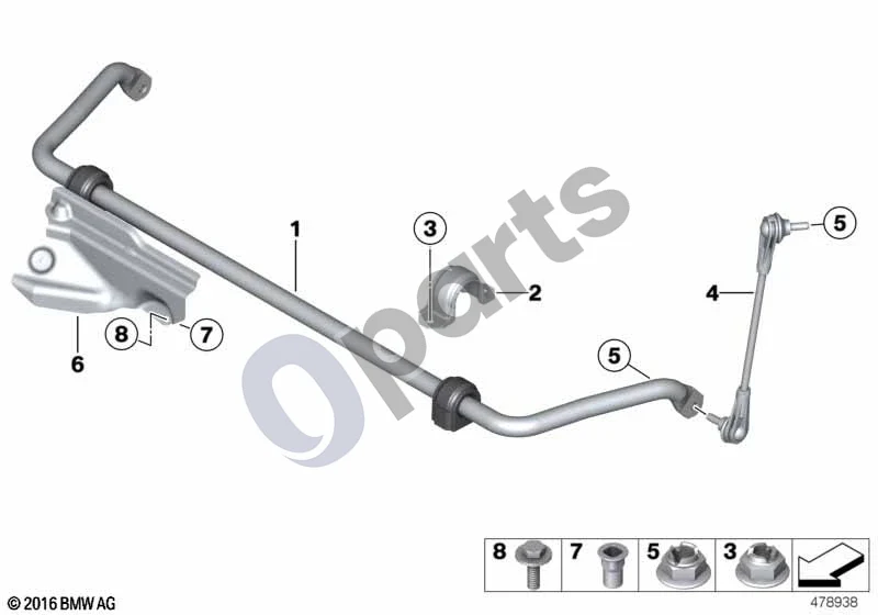BMW 3 F30 F35 F31 (2012–2018) Priekinis stabilizatorius schema – pozicija 02: Stabilizatoriaus atrama