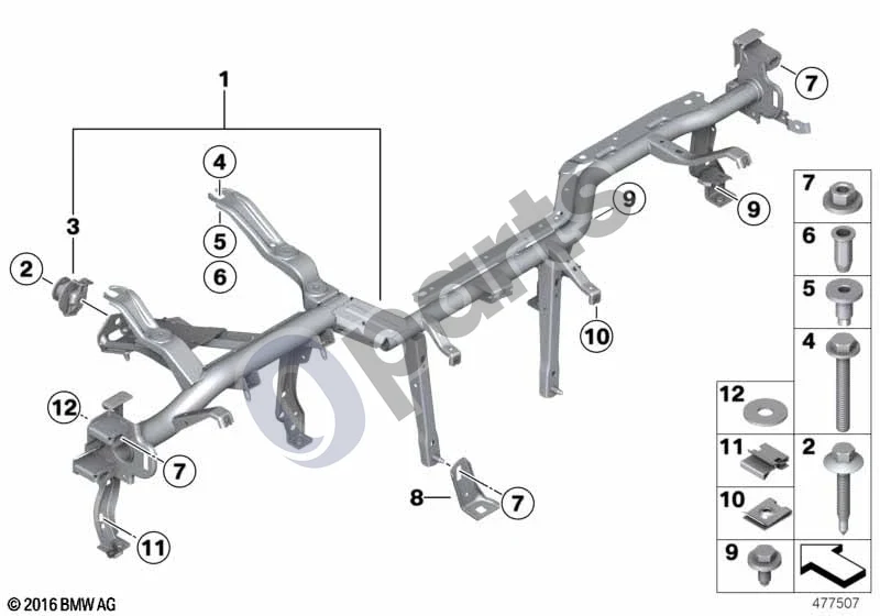 BMW 3 F30 F35 F31 (2012–2018) Prietaisų skydelio laikiklis schema – pozicija 09: Šešiakampis varžtas su poveržle (M6X12)