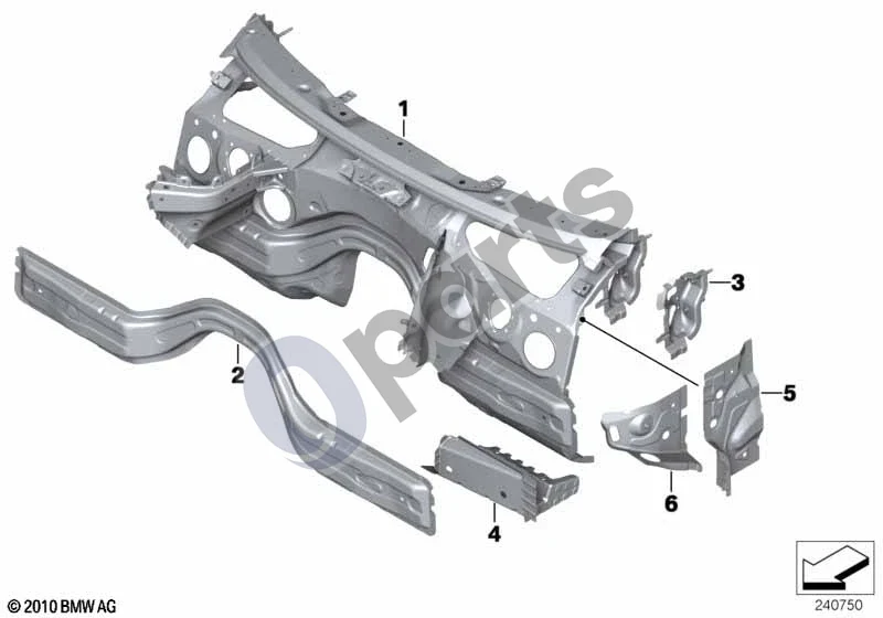 BMW 3 F30 F35 F31 (2012–2018) Purslų sienelės dalys schema – pozicija 04: Rato arkos / įlipimo jungiamoji detalė, dešinė
