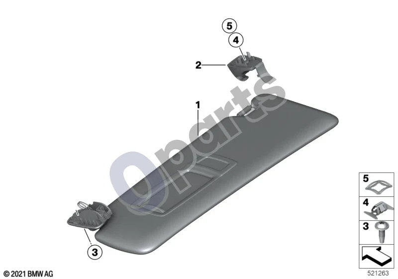 BMW 3 F30 F35 F31 (2012–2018) Saulės skydeliai schema – pozicija 02: Priešpriešinis saulės skydelio laikiklis (SCHWARZ)