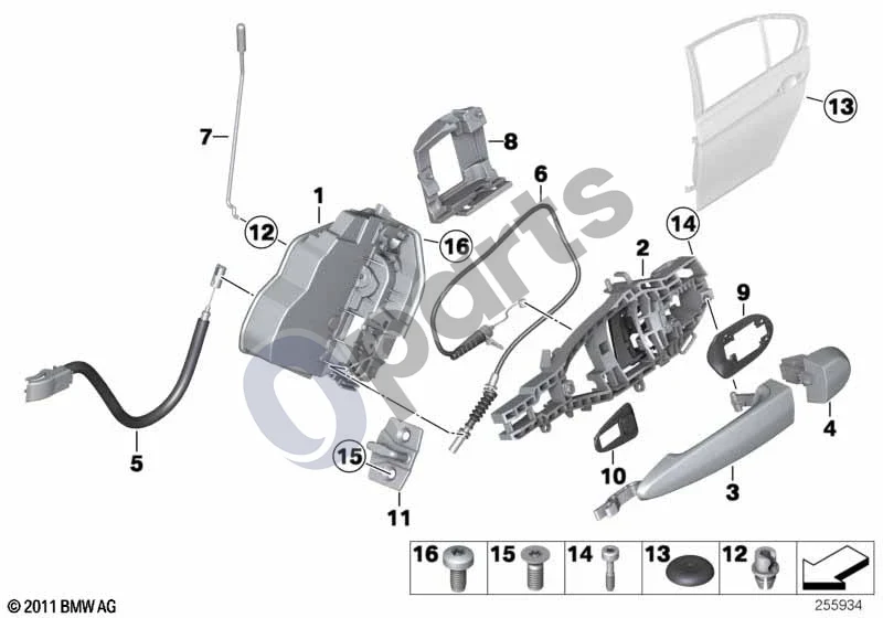 BMW 3 F30 F35 F31 (2012–2018) Užrakto sistema, durys, galinės schema – pozicija 01: Sistemos užraktas, dešinys