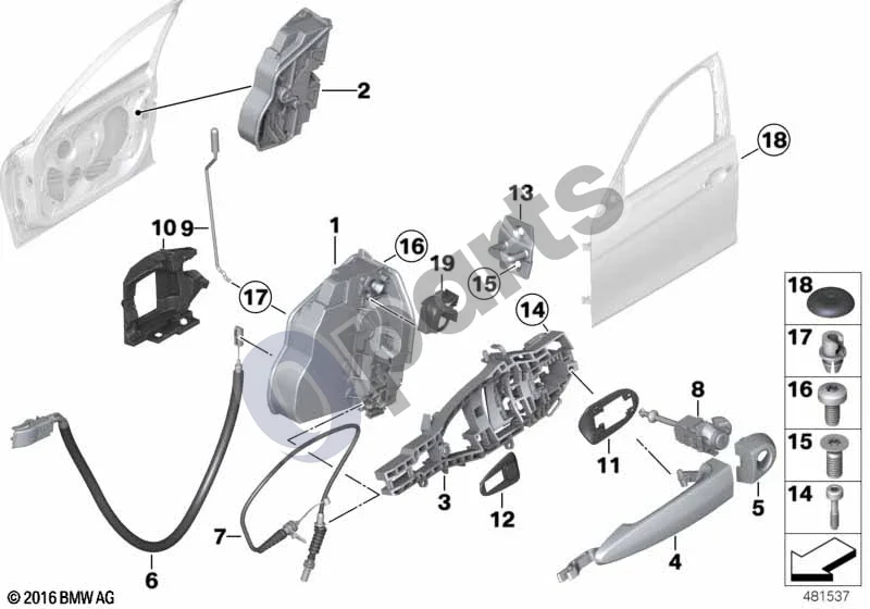 BMW 3 F30 F35 F31 (2012–2018) Užrakto sistema, durys, priekinės schema – pozicija 02: Sistemos užraktas, dešinys
