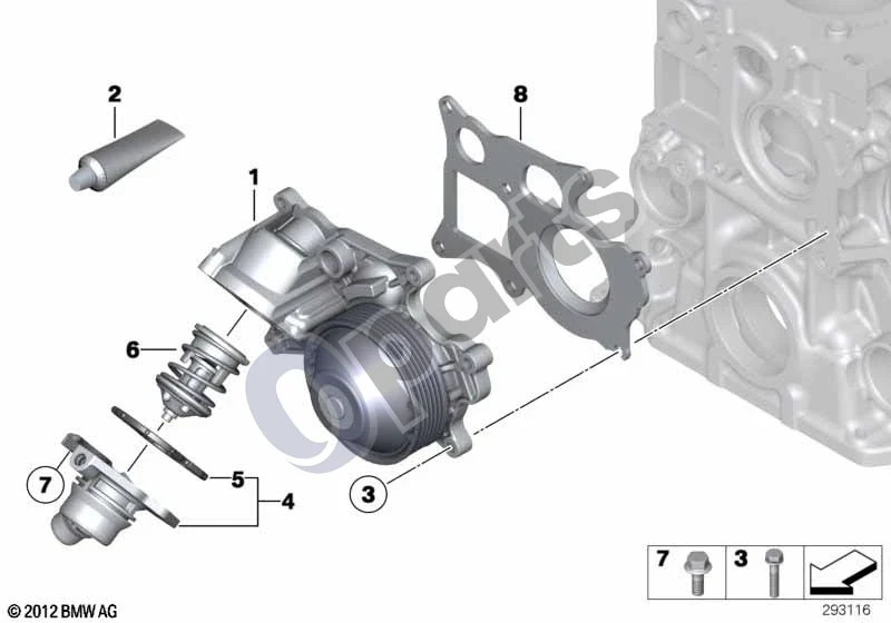 BMW 3 F30 F35 F31 (2012–2018) Vandens siurblys - termostatas (N47N) schema – pozicija 05: Profilinis tarpiklis