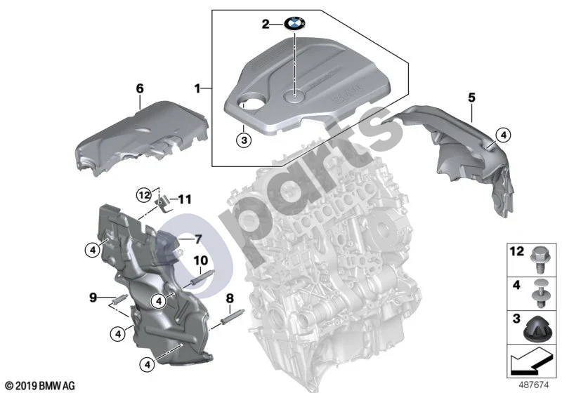 BMW 3 F30 F35 F31 (2012–2018) Variklio akustika (B47) schema – pozicija 01: Variklio dangtis