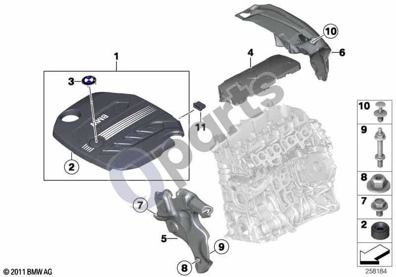 BMW 3 F30 F35 F31 (2012–2018) Variklio akustika (N47N) schema – pozicija 06: Galinis garso izoliacinis gaubtas