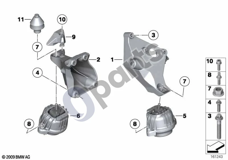 BMW 3 F30 F35 F31 (2012–2018) Variklio pakaba schema – pozicija 06: Variklio atrama, dešinė