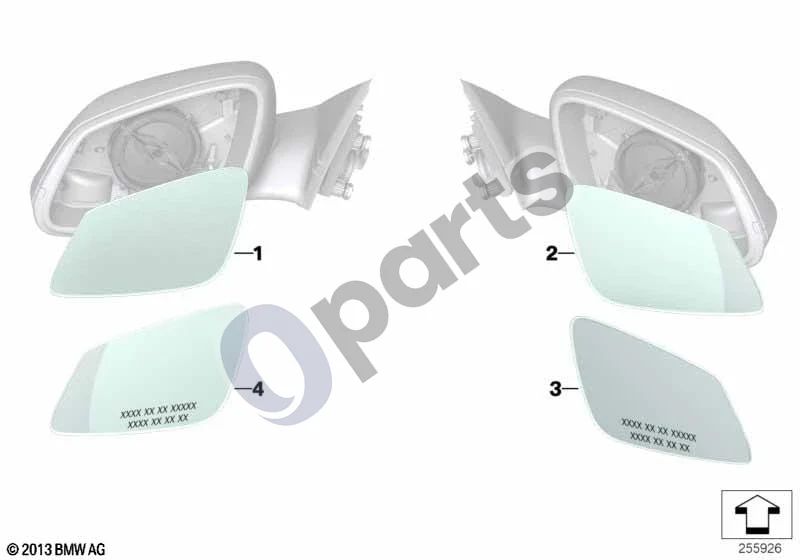 BMW 3 F30 F35 F31 (2012–2018) Veidrodėlio stiklas (S430A) schema – pozicija 02: Veidrodėlio stiklas, šildomas, plataus kampo, dešinys (EC)