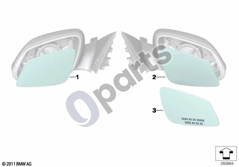 BMW 3 F30 F35 F31 (2012–2018) Veidrodėlio stiklas schema – pozicija 02: Veidrodėlio stiklas, šildomas, išgaubtas, dešinys