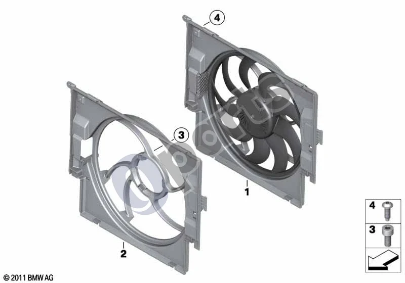 BMW 3 F30 F35 F31 (2012–2018) Ventiliatoriaus gaubtas su ventiliatoriumi (B47) schema – pozicija 01: Ventiliatoriaus gaubtas su ventiliatoriumi (400W)