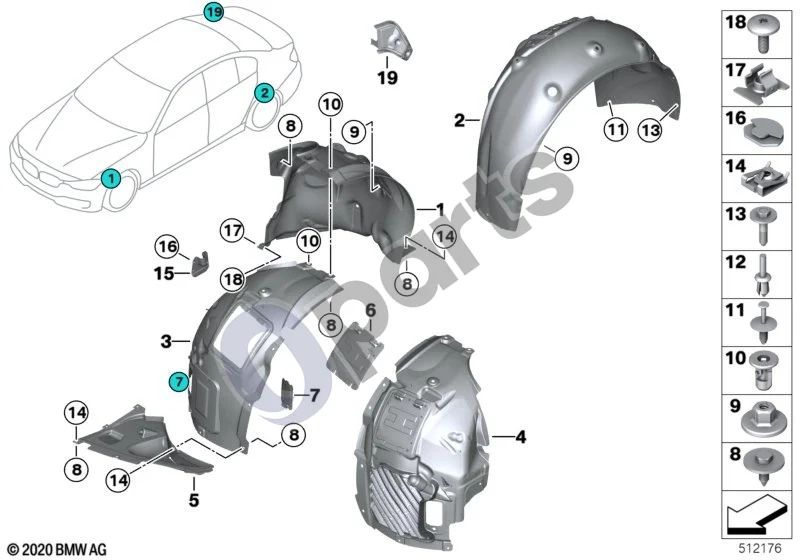 BMW 3 F30 F35 F31 (2012–2018) Ratų arkos apdaila schema – pozicija 17: Prestol narvelis (M6 ZNS3)