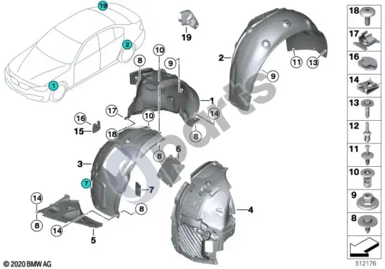 BMW 3 F30 F35 F31 ratų arkos apdaila – schema