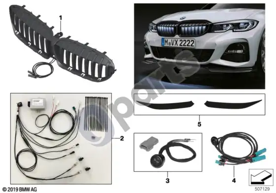 BMW 3 G20 G21 radiatoriaus grotelės iconic glow – schema