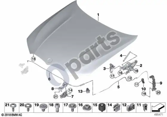 BMW 3 G20 G21 variklio dangtis / montuojamos dalys – schema