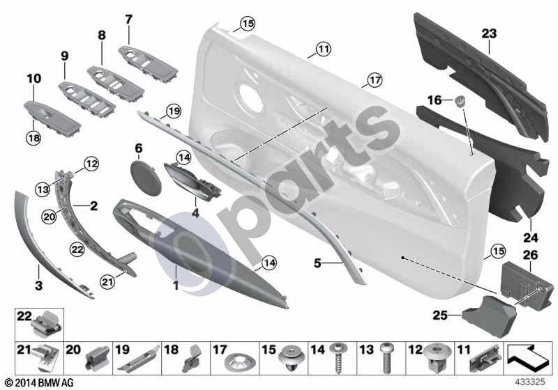 BMW 4 F32 F33 (2013–2020) Ttvirtinimo detalės, durų apmušalo, priekinės (F32 418D) schema – pozicija 12: Plečiamoji veržlė