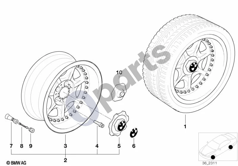 BMW 5 E39 (1996–2003) 7 stipinių kompozitinis ratlankis (stilius 19) schema – pozicija 05: Ratlankio gaubtas