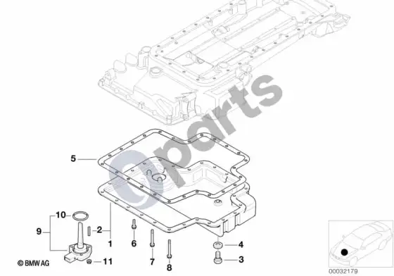 BMW 5 E39 alyvos karterio apatinė dalis, alyvos lygio matuoklis – schema