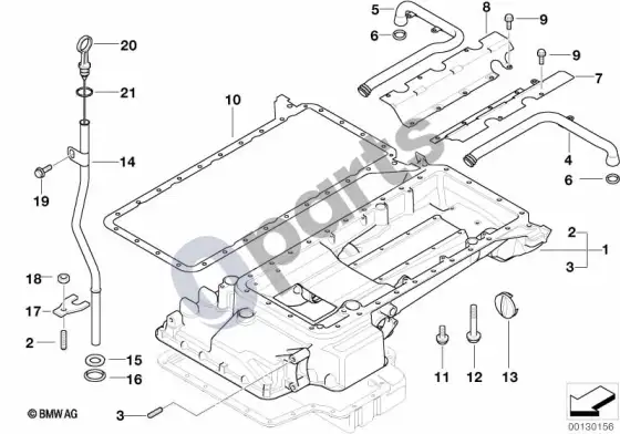 BMW 5 E39 alyvos karterio viršutinė dalis, alyvos lygio matuoklis – schema