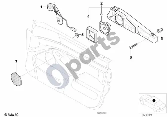 BMW 5 E39 atskiros dalys priekinių durų garso sistemai – schema