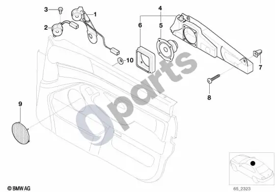 BMW 5 E39 atskiros dalys priekinių durų top-hifi sistemai – schema