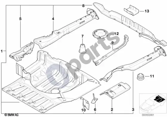 BMW 5 E39 bagažinės grindų skydo tvirtinimo detalės – schema