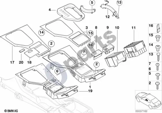 BMW 5 E39 centrinės konsolės tvirtinimo detalės – schema