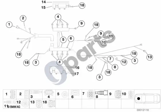 BMW 5 E39 dalys, variklio modulio laidų pynė – schema