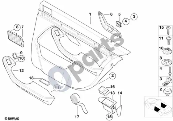 BMW 5 E39 durų apmušalas, oda, galinis – schema