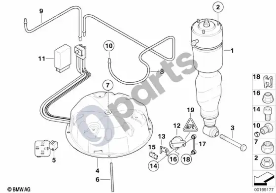 BMW 5 E39 pneumatinė statramstė ir jutiklis aukščio reguliavimo įrenginiui (E39 520IM52, E39 523I, E39 528I, E39 525TD, E39 525TDS, E39 525D, E39 530D, E39 520D) – schema