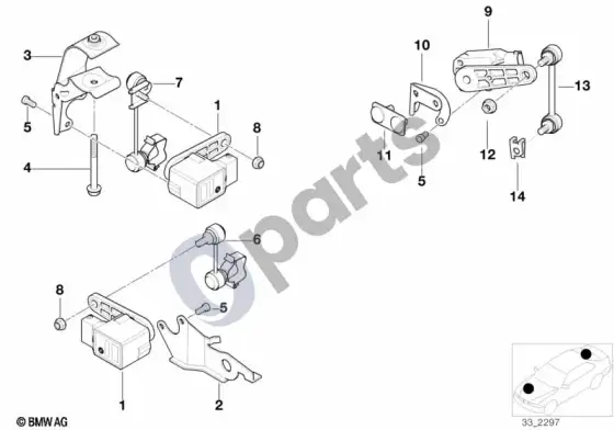 BMW 5 E39 žibintų aukščio reguliavimo jutiklis – schema