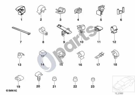 BMW 5 E39 laidų pynės tvirtinimo detalės (E39 520IM52, E39 523I, E39 528I, E39 535I, E39 525TD, E39 525TDS, E39 530D) – schema