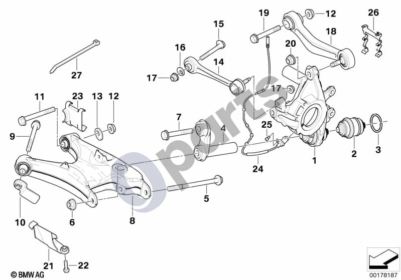 BMW 5 E39 (1996–2003) Galinės ašies atrama/ratų pakaba (E39 520IM52, E39 523I, E39 528I, E39 535I, E39 540I, E39 525TD, E39 525TDS) schema – pozicija 14: Remonto komplektas, svirtis