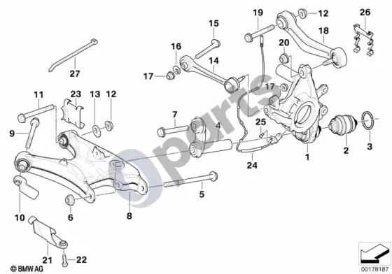 BMW 5 E39 galinės ašies atrama/ratų pakaba (E39 520IM52, E39 523I, E39 528I, E39 535I, E39 540I, E39 525TD, E39 525TDS) – schema