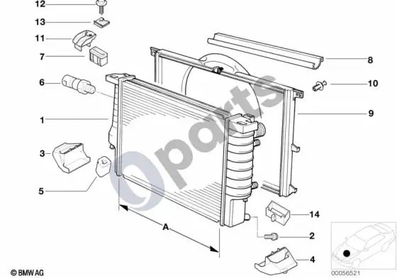 BMW 5 E39 radiatoriaus rėmas (E39 520IM52, E39 523I, E39 528I) – schema