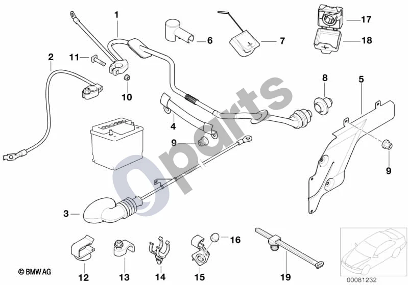 BMW 5 E39 (1996–2003) Akumuliatoriaus kabelis (E39 520IM54, E39 525I, E39 530I) schema – pozicija 07: B+ pagrindo dangtelis