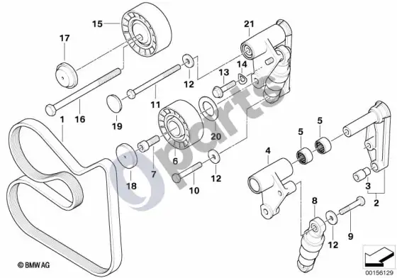 BMW 5 E39 diržinė pavara, vandens siurblys / generatorius (E39 520IM54, E39 525I, E39 530I) – schema