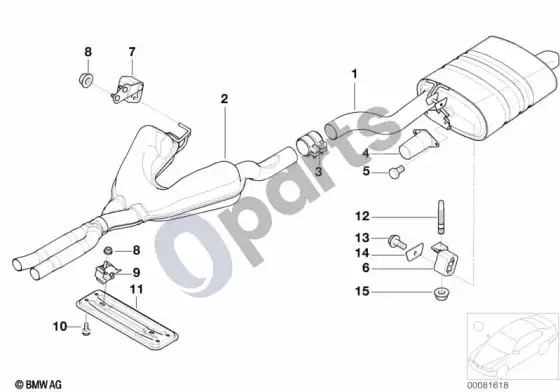 BMW 5 E39 vidurinis ir galinis duslintuvas – schema
