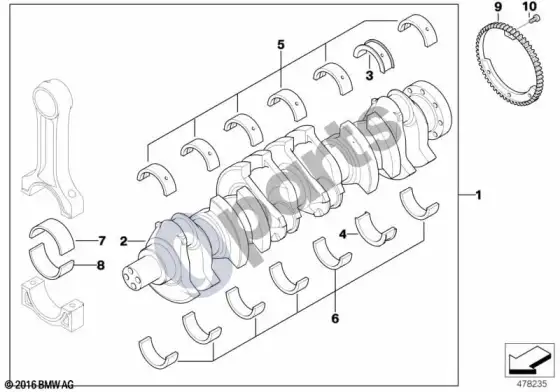 BMW 5 E39 alkūninis velenas su guolių įdėklais – schema