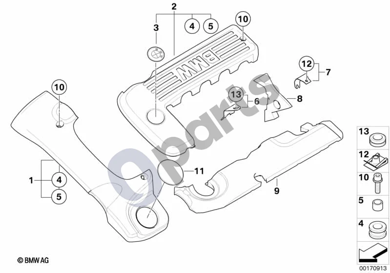 BMW 5 E39 (1996–2003) Variklio akustika (E39 525D, E39 530D) schema – pozicija 01: Priekinis garso izoliacinis dangtis