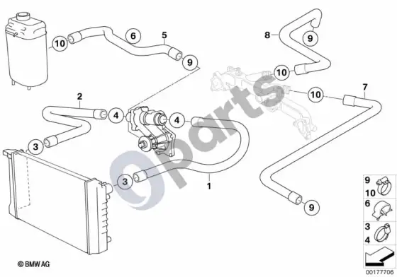 BMW 5 E39 aušinimo sistemos vandens žarnos (E39 535I) – schema