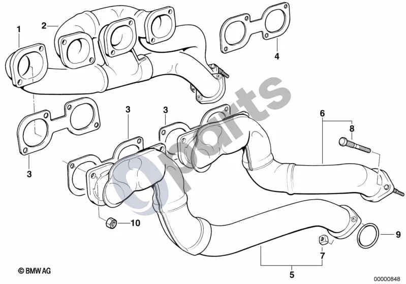 BMW 5 E39 (1996–2003) Išmetimo kolektorius (E39 535I, E39 540I, E39 540IP ir dar 1) schema – pozicija 02: Išmetimo kolektorius