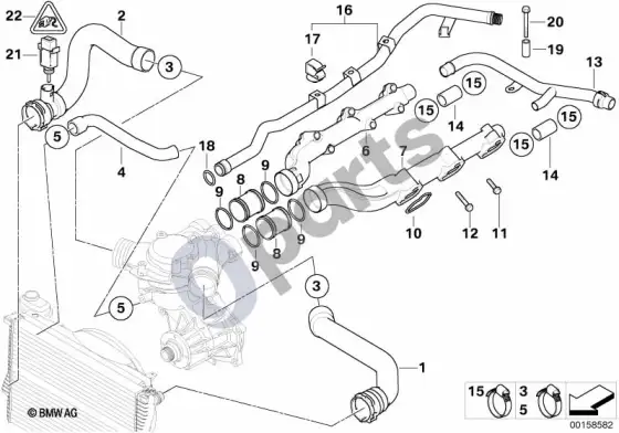 BMW 5 E39 aušinimo sistemos vandens žarnos – schema