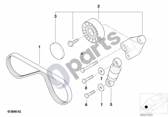 BMW 5 E39 kondicionieriaus kompresoriaus pavara diržu (E39 M5) – schema