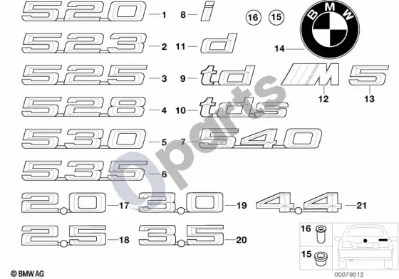 BMW 5 E39 emblemos / užrašai – schema