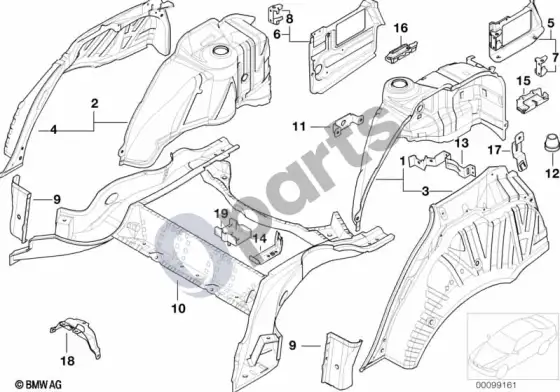 BMW 5 E39 galinė ratų arka/grindų dalys – schema