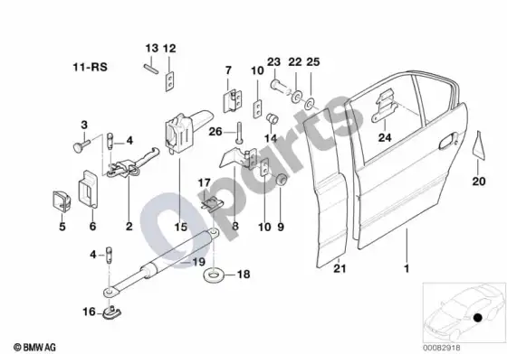 BMW 5 E39 galinės durys – vyris/durų ribotuvas – schema