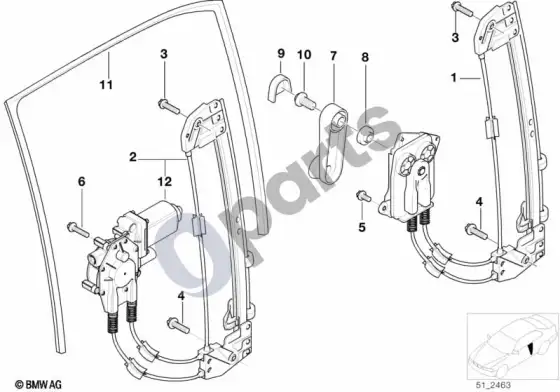 BMW 5 E39 galinis durų stiklo pakėlimo mechanizmas – schema