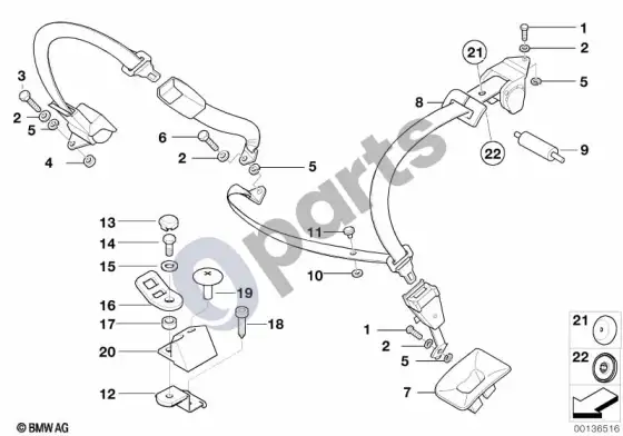 BMW 5 E39 galinių saugos diržų tvirtinimo detalės – schema