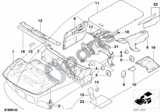 BMW 5 E39 garso izoliacija, priekis – schema