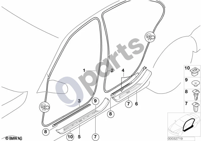 BMW 5 E39 (1996–2003) Įlipimo angos apdaila schema – pozicija 09: Įdėklas