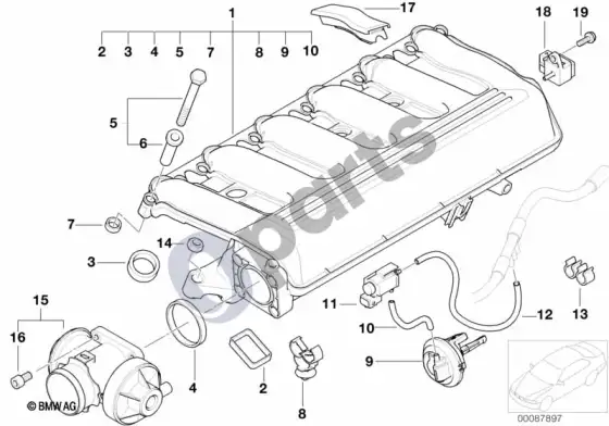 BMW 5 E39 įsiurbimo kolektorius su EGR ir sklendės valdymu – schema
